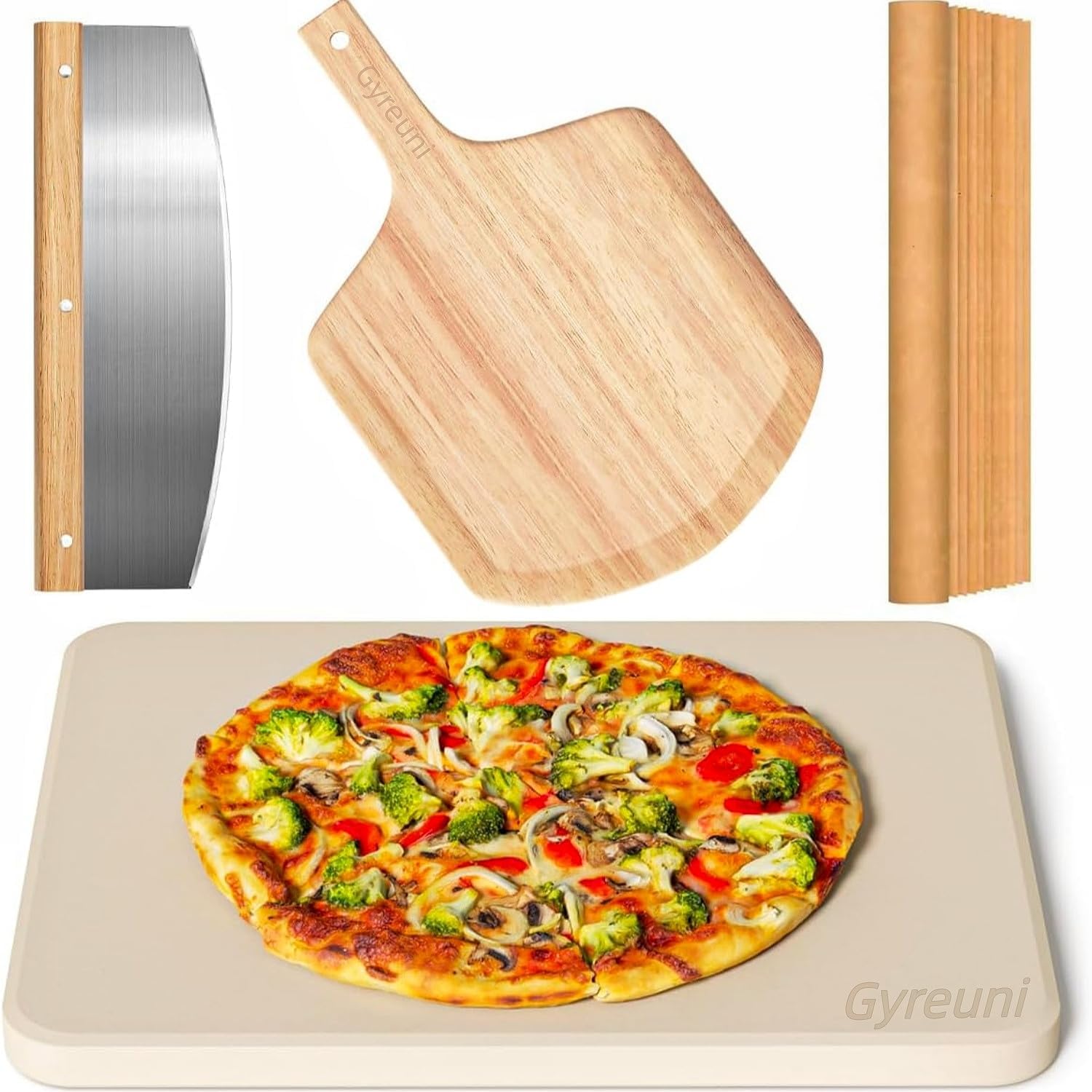 15 in Rectangle Pizza Stone Set for Oven and Grill with Peel