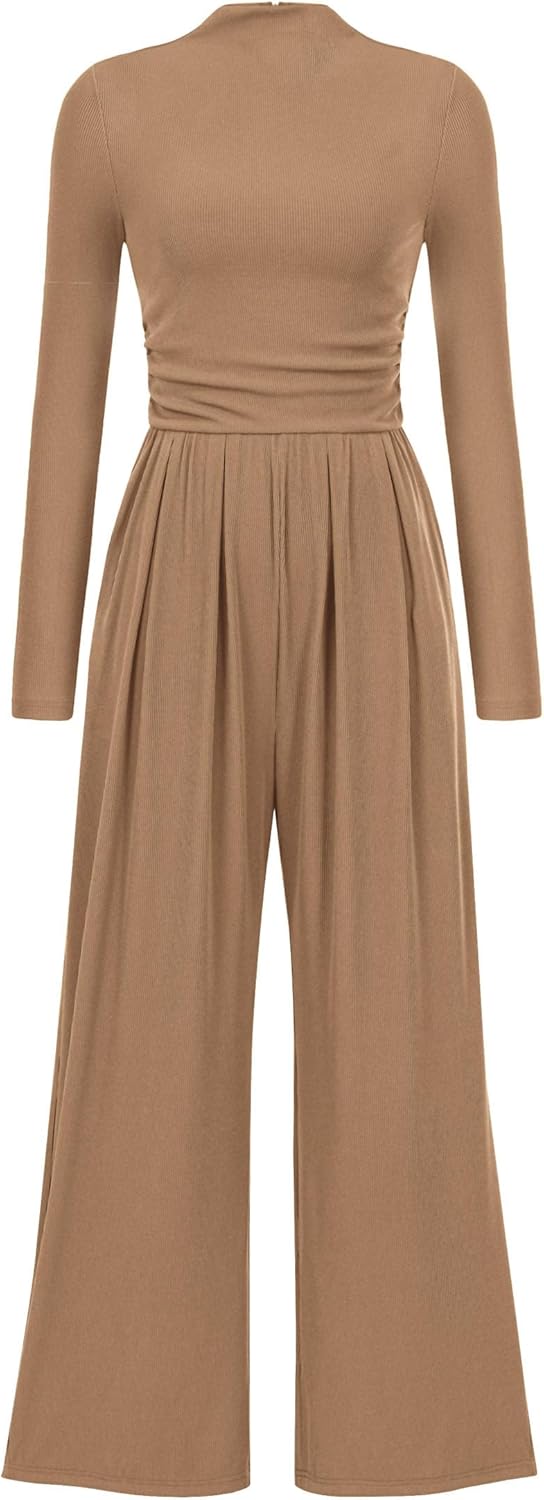 PRETTYGARDEN Long Sleeve Mock Neck Jumpsuits for Women Fashion
