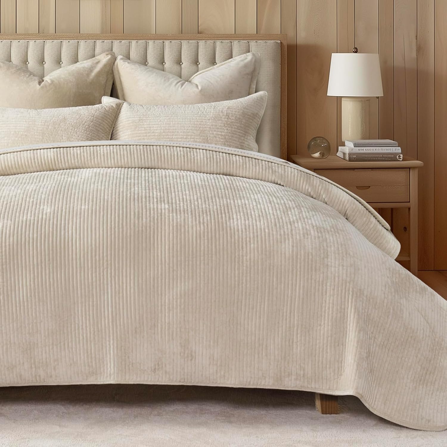 Luxurious Velvet Quilt Set for Queen Size Bed - Light Sand Elegance