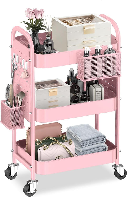 ALVOROG 3 Tier Rolling Cart with Pegboards for Versatile Storage