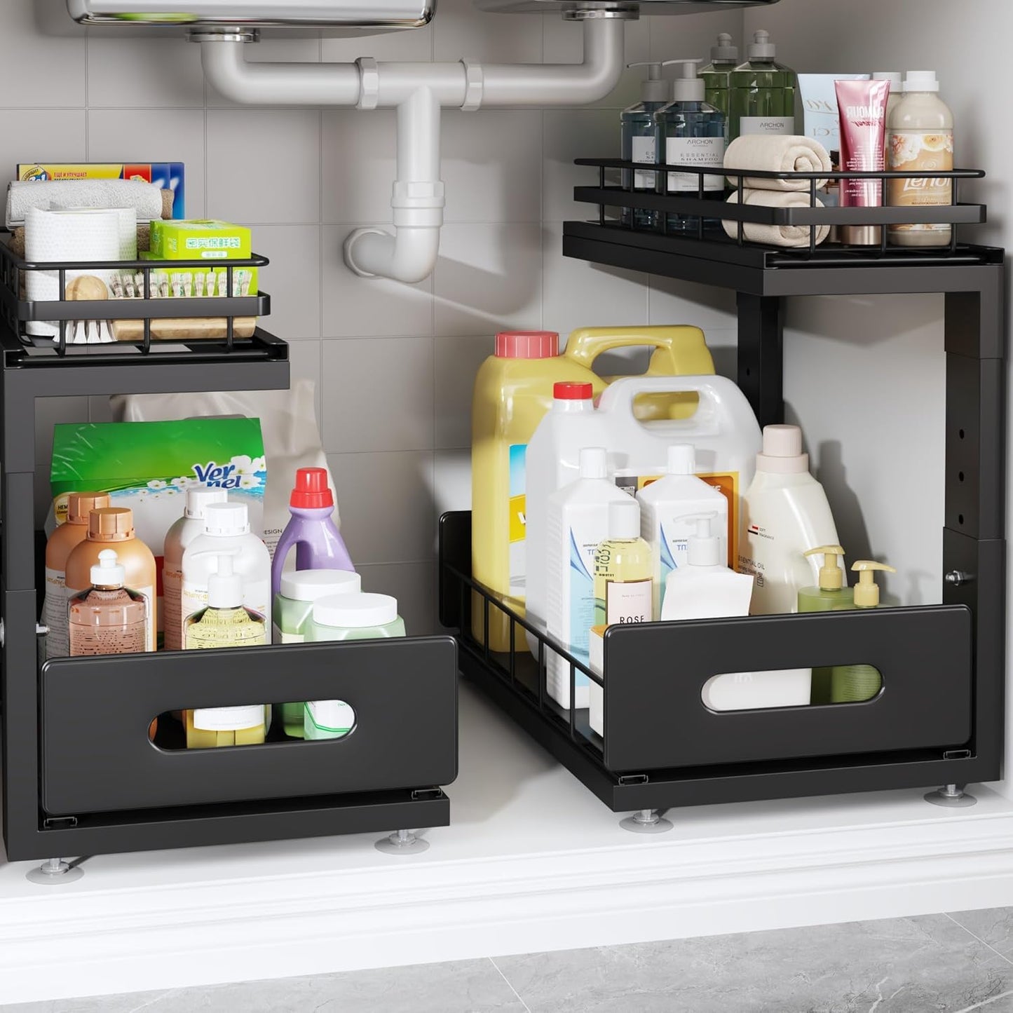 2 Pack Under Sink Organizer with Adjustable Slide Out Drawers