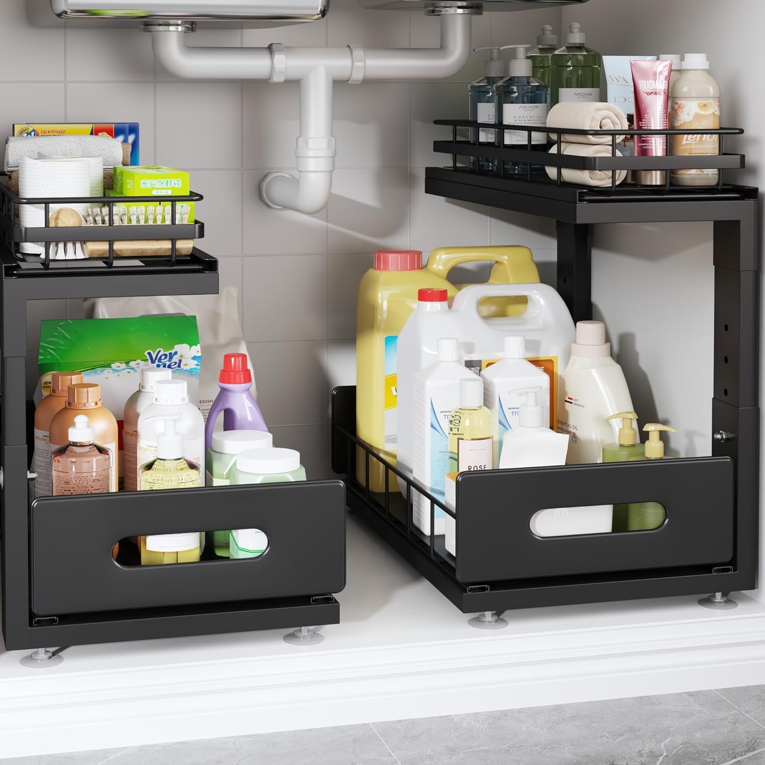 2 Pack Under Sink Organizer with Adjustable Slide Out Drawers