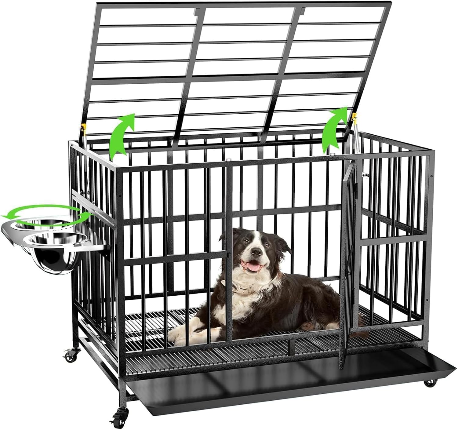 LOVMOR 43in Heavy Duty Dog Crate with Adjustable Bowls & Wheels