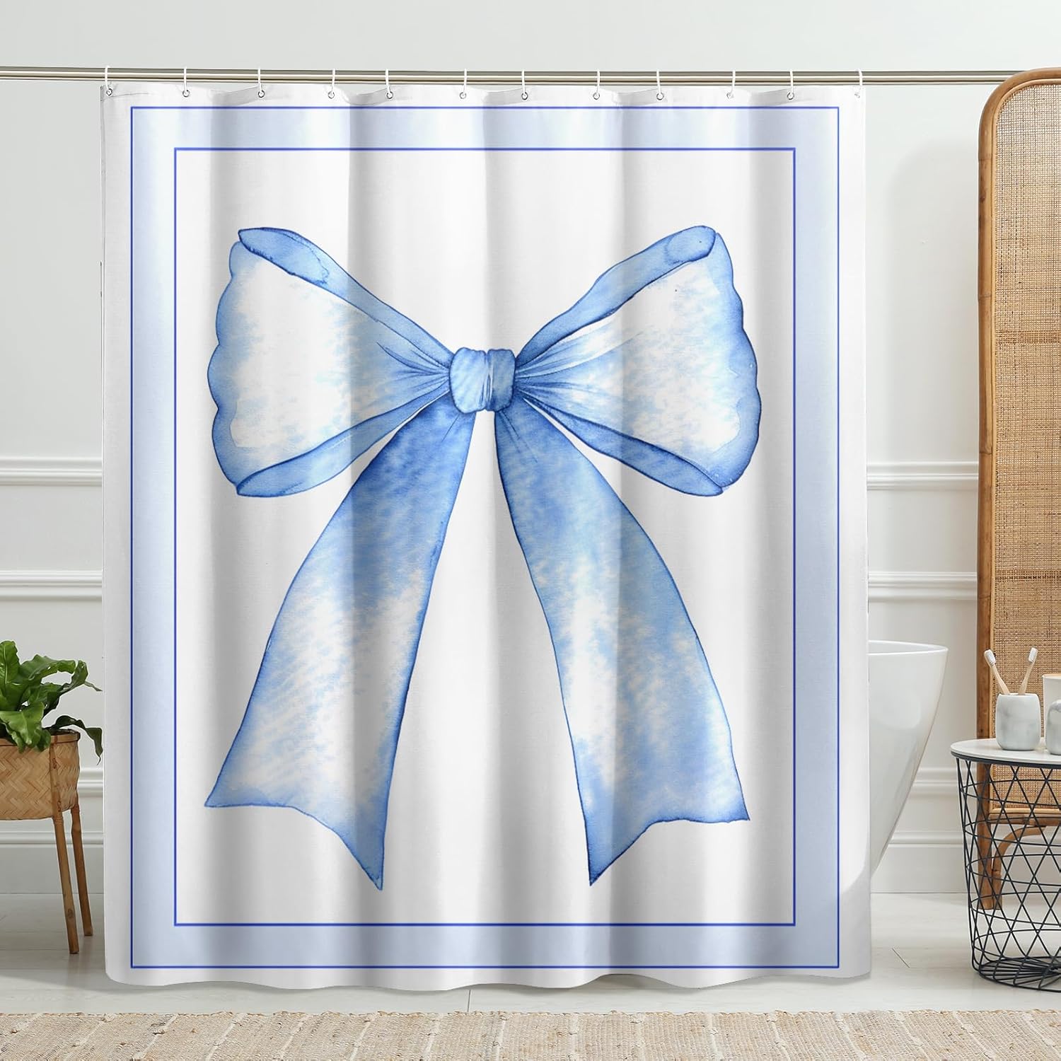 Watercolor Blue Bow Shower Curtain Set