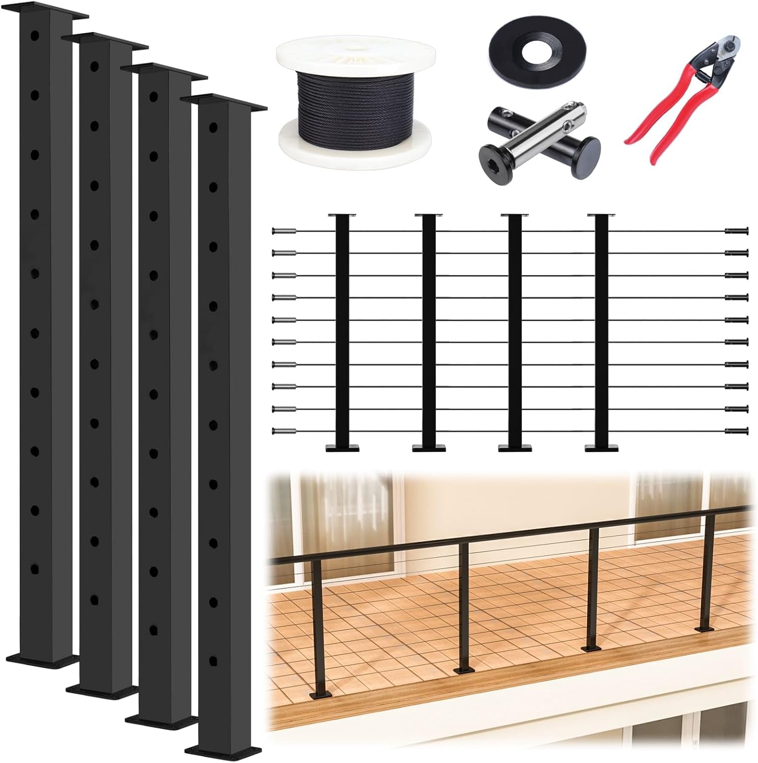 Muzata Modular Black Cable Railing Kit for Easy DIY Decks