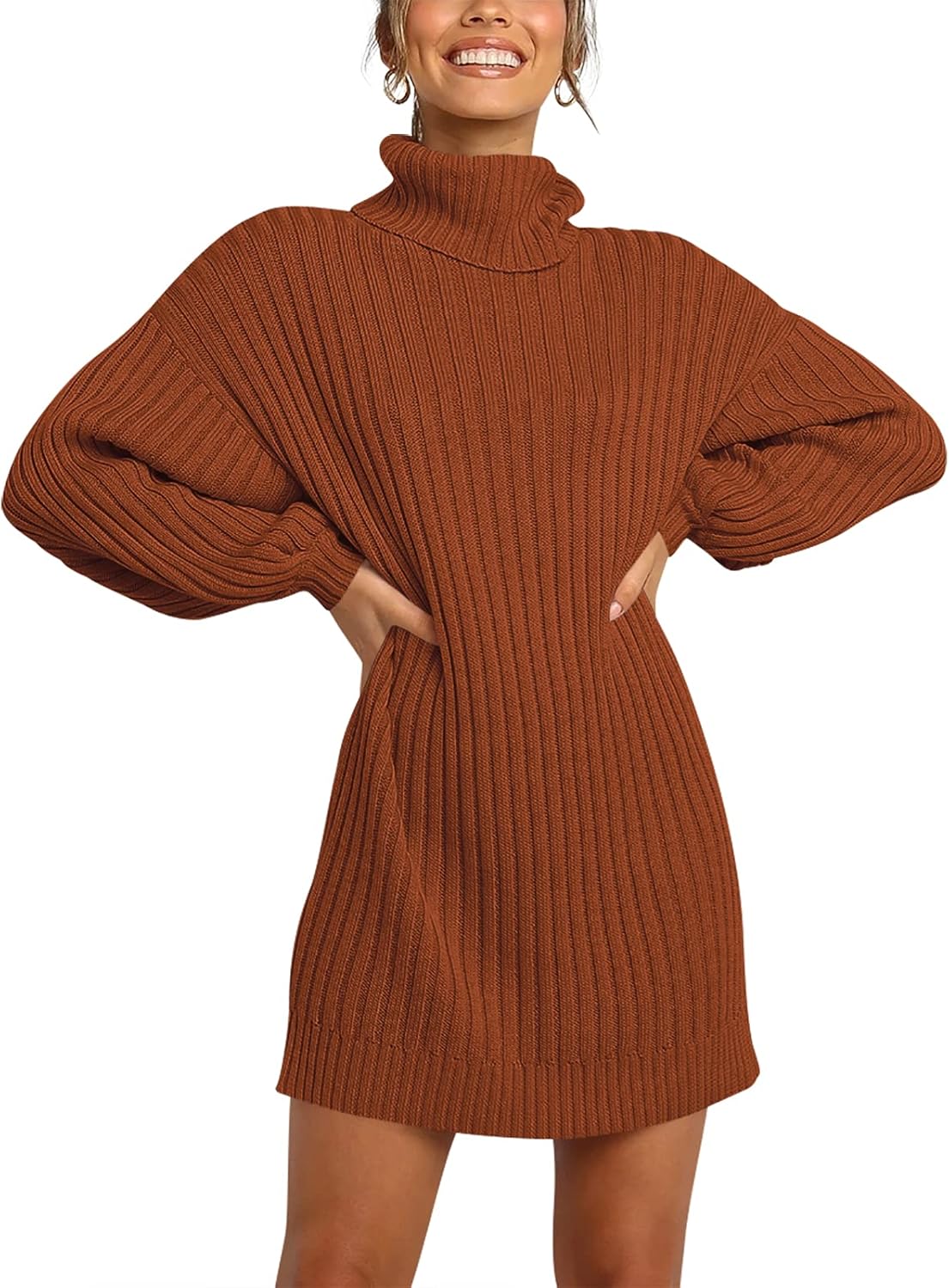 Oversized Sweater Dress for Women - Turtleneck Batwing Style