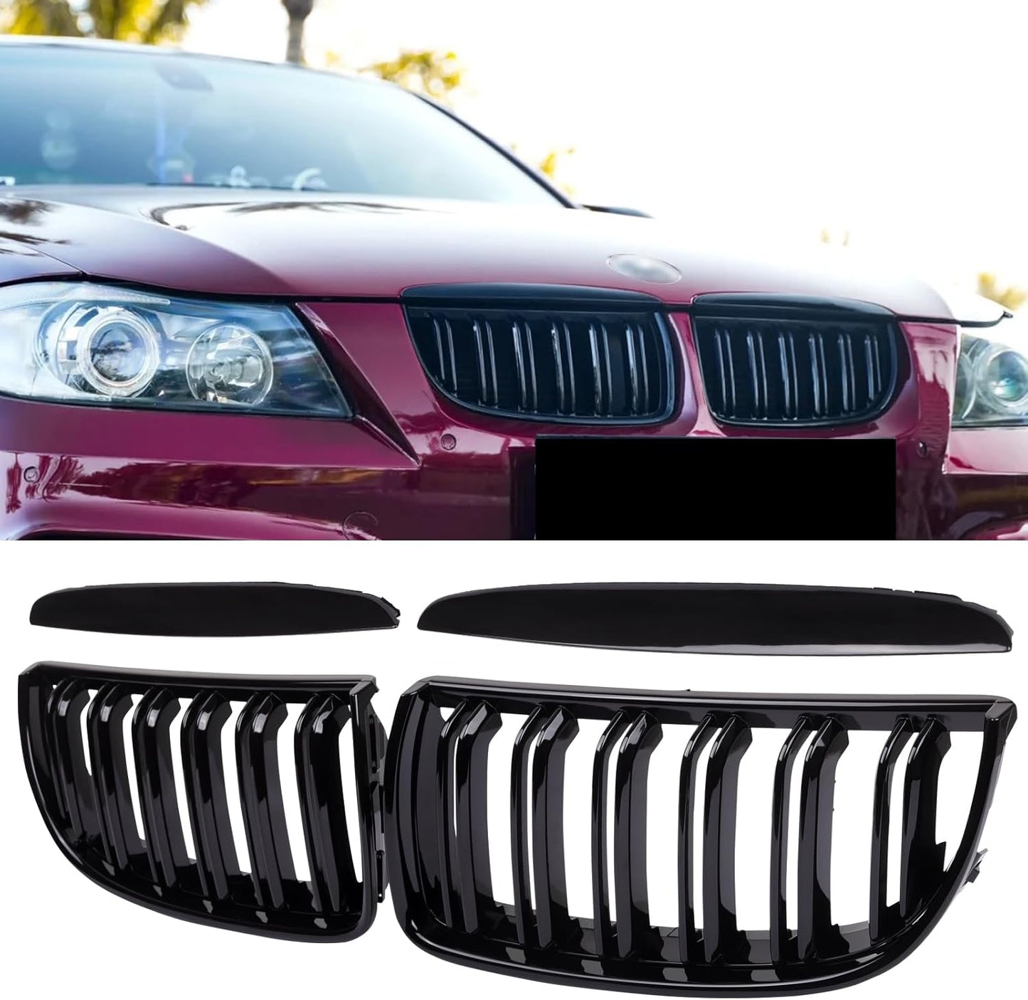 E90 Grill for BMW 3 Series 2005-2008, Gloss Black Kidney Grille