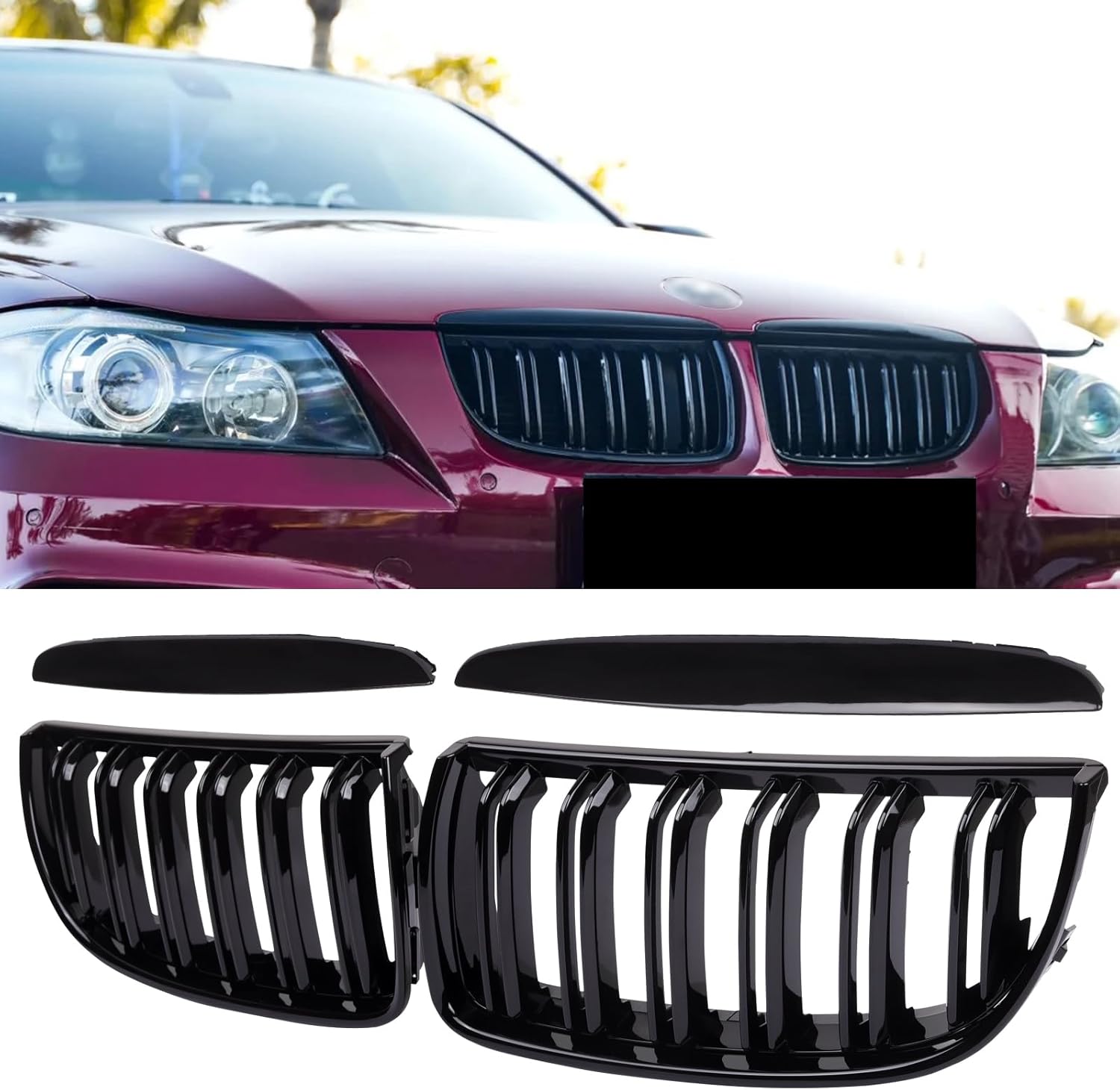 E90 Grill for BMW 3 Series 2005-2008, Gloss Black Kidney Grille