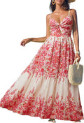Women's Red Beige Floral Maxi Dress V Neck Sleeveless - Flowy Summer