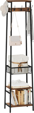Coat Rack Freestanding Hall Tree with Basket and Shelves - Compact