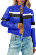 Tankaneo Womens Cropped Moto Biker Jacket - Color Block Racing Style