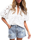 Women's Eyelet Lace V Neck Summer Top - Dressy Casual Blouse