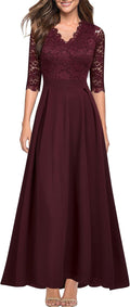 Women's V Neck Lace Vintage Long Formal Dress - Elegant Floor-Length