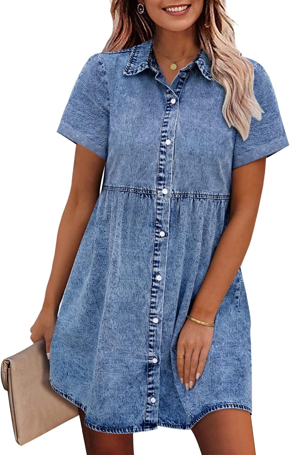 GRAPENT Denim Dress for Women Babydoll Tiered Short Sleeve Jean Shirt