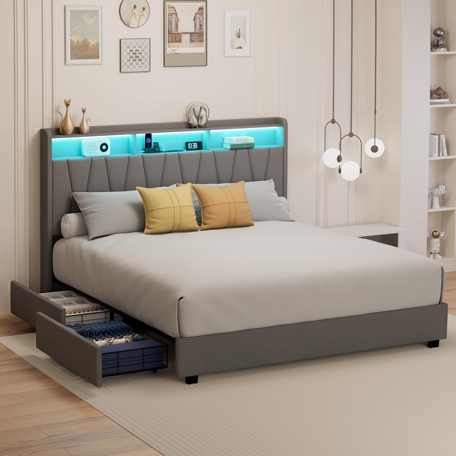 King Size Bed Frame with LED Headboard and Storage Drawers