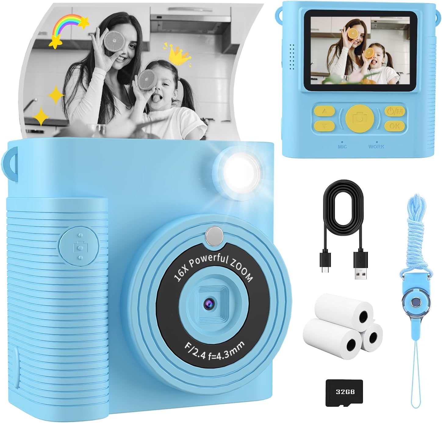 Instant Print Camera for Kids, HD Photos, 32GB SD Card, Fun Gift - FKATEEN