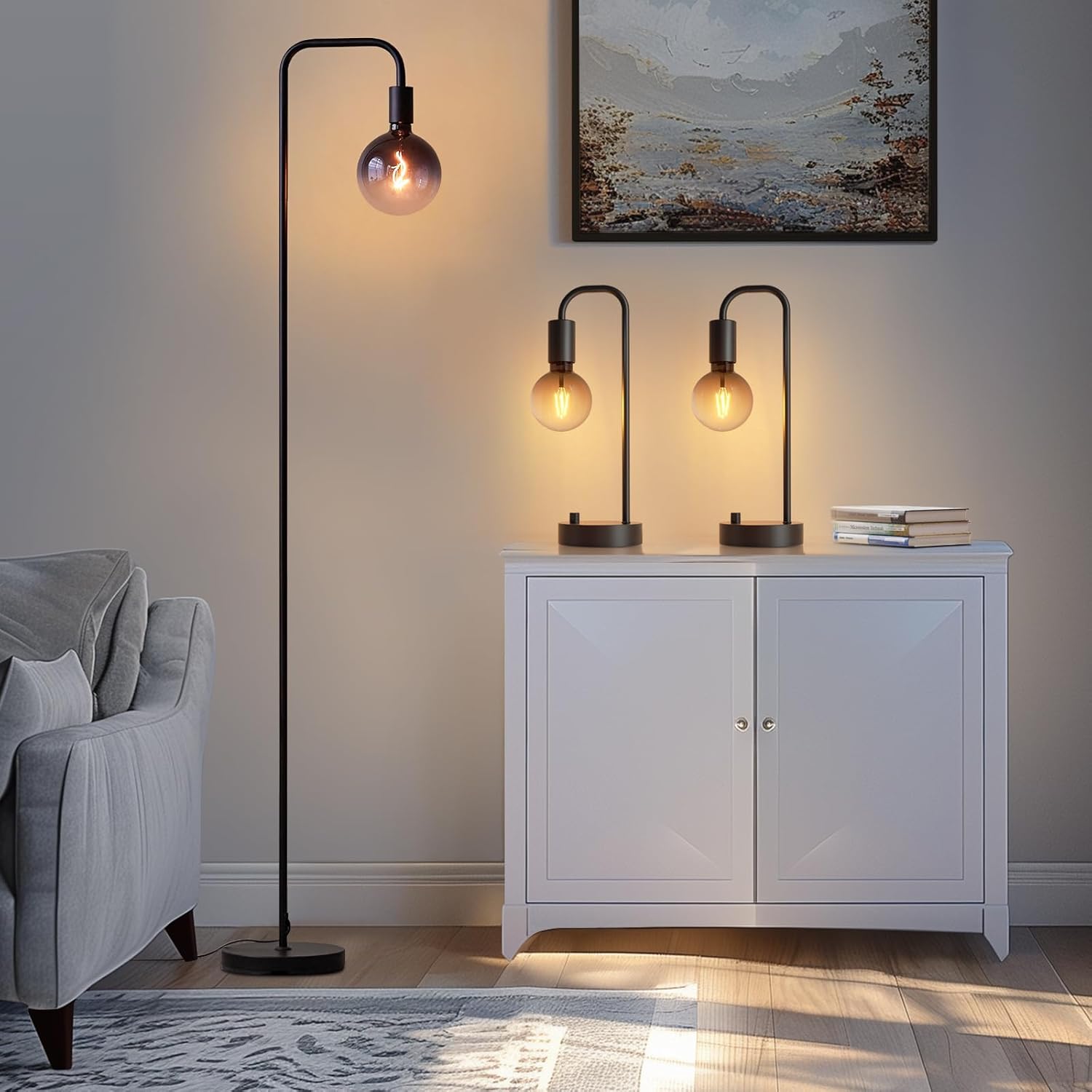 ONEWISH Industrial Lamp Set - 3 Piece Floor and Table Lamps