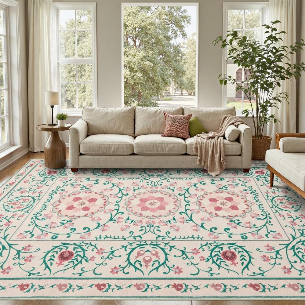 Pink Floral Rug for Living Room Bedroom - Vintage Boho Style