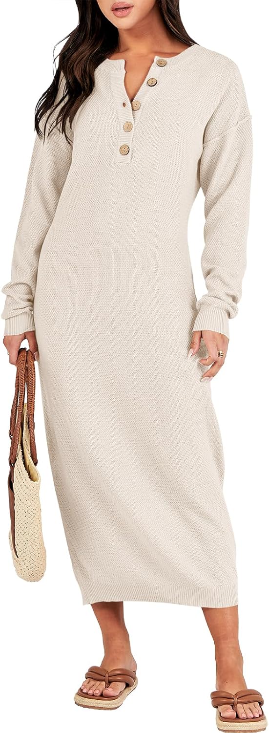 Stylish Women Long Sleeve Button V Neck Oversized Midi Sweater Dress