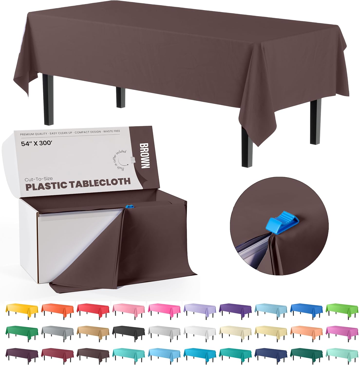 Party Solids 54 Inch Brown Plastic Table Cover Roll with Cutter