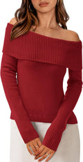 Off The Shoulder Sweater for Women - Cozy Ribbed Pullover S=US