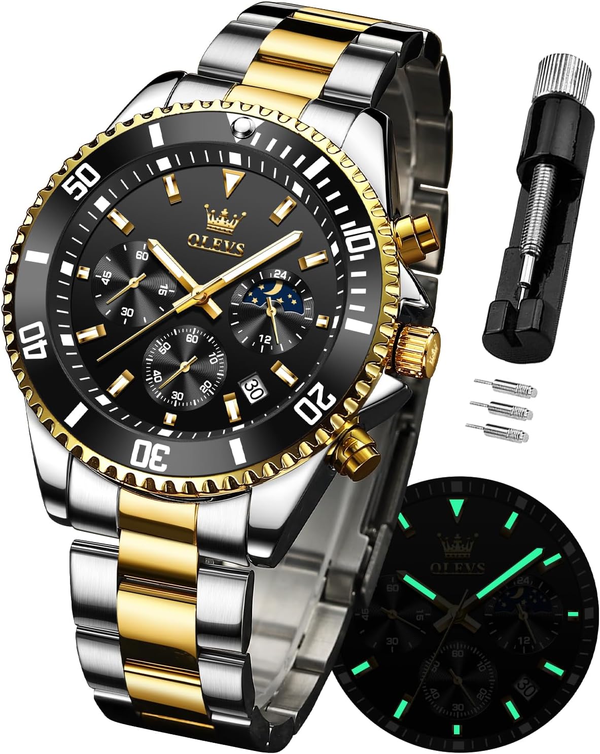 OLEVS Stainless Steel Chronograph Moon Phase Watch