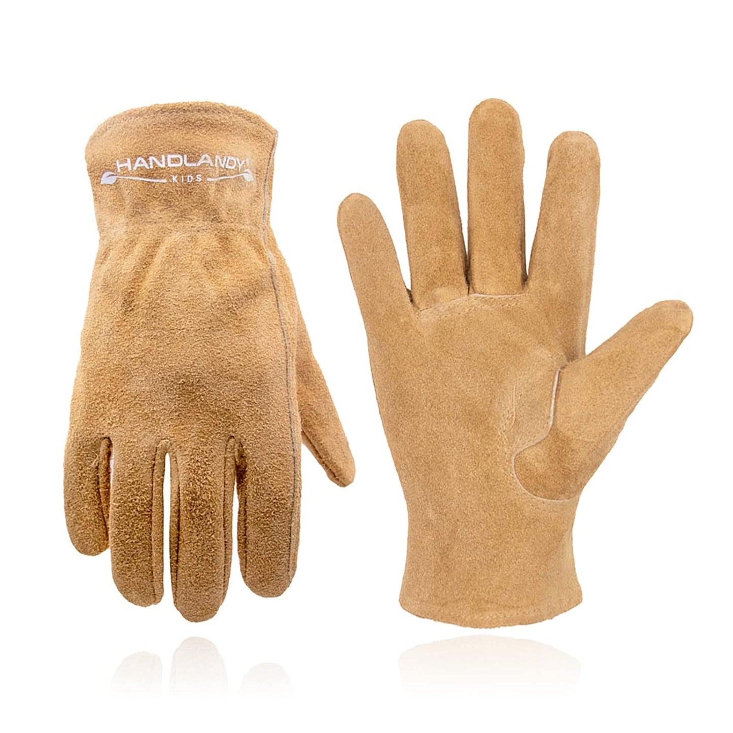 Premium Leather Kids Gardening Gloves (Ages 8-11), Khaki