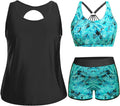 Holipick Women Plus Size 3 Piece Tankini Swimsuit - Black Blue Paisley