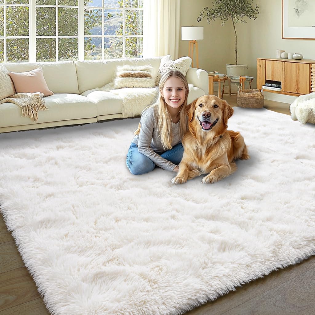 KING DARE Cream White Shag Rug 6x9 for Cozy Living Spaces