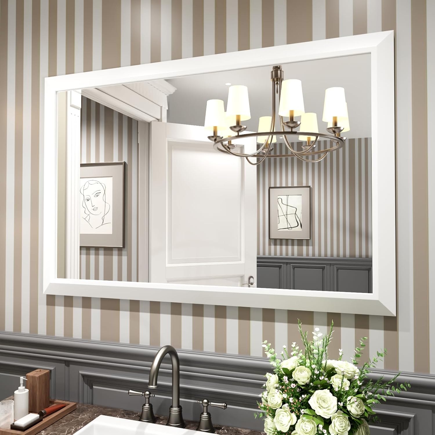 Amorho Bathroom Mirror 48X32 Inch Thick Metal Framed Design