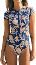 One Piece Swimsuit for Women with Mock Neck Zipper - Short Sleeve