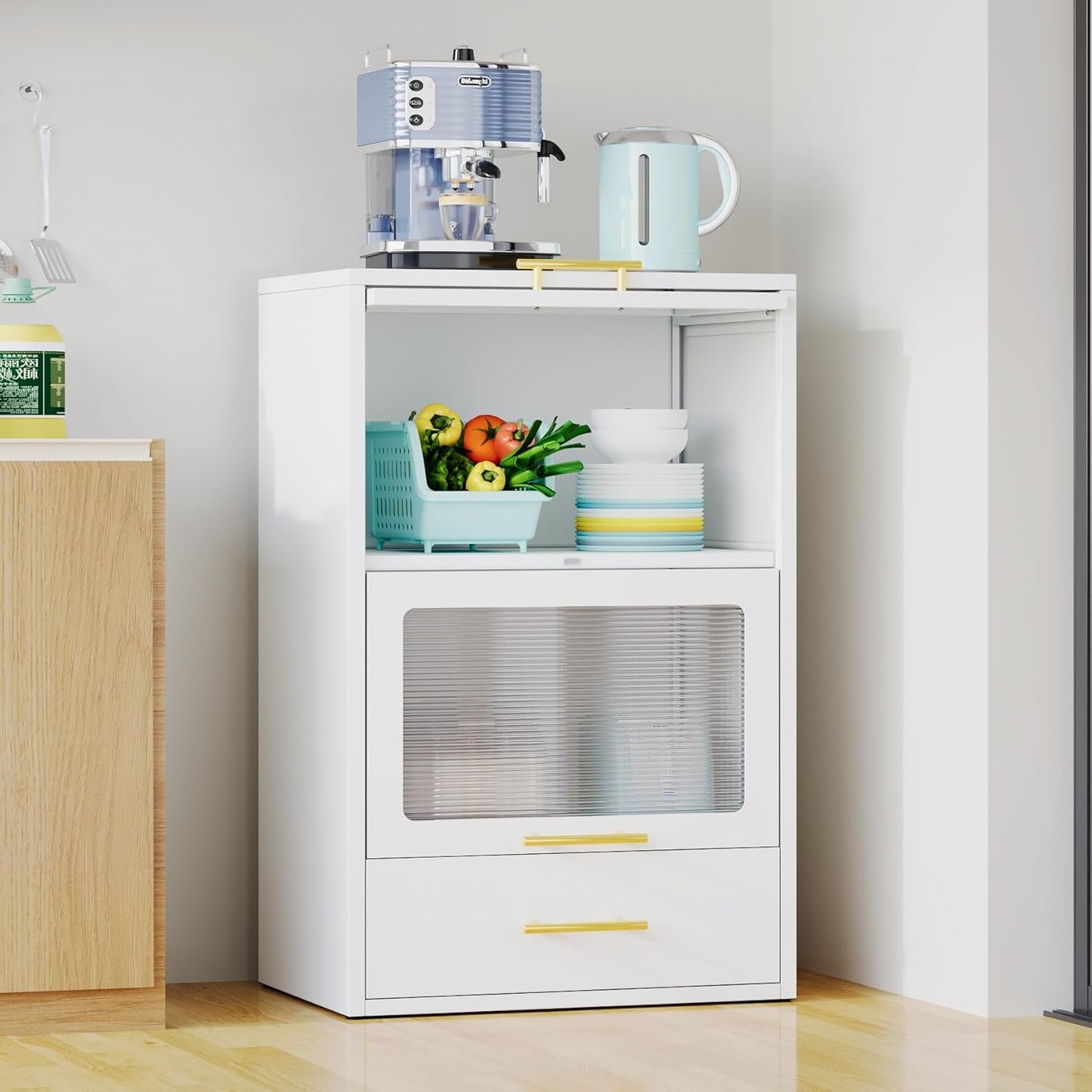 2-Tier Kitchen Pantry Rack with Drawer & Acrylic Doors - White