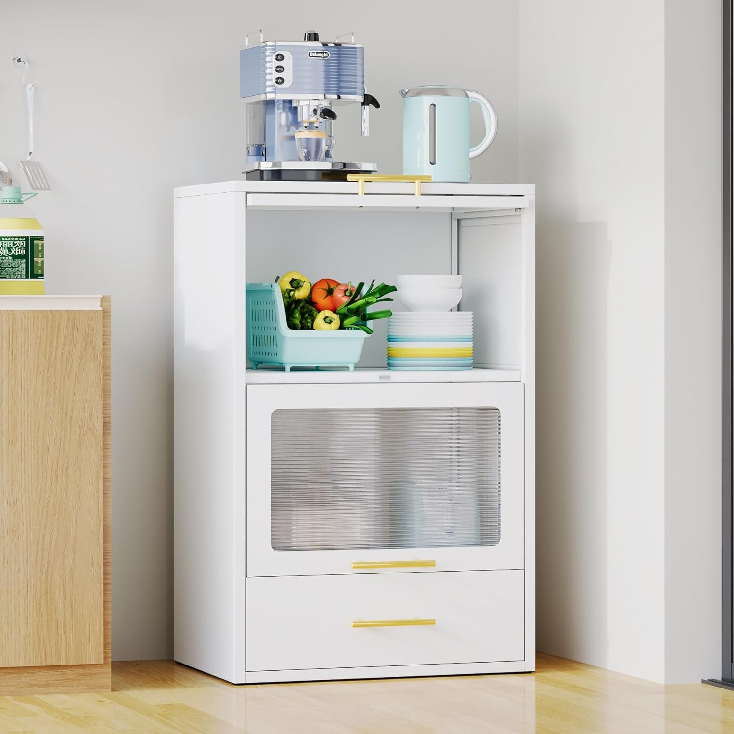 2-Tier Kitchen Pantry Rack with Drawer & Acrylic Doors - White