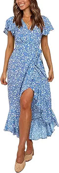 ZESICA Bohemian Floral Wrap V Neck Ruffle Midi Dress - Flowy Fit