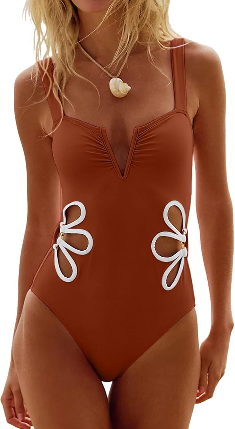 One Piece Swimsuit Women Slimming Floral Cut Out Bathing Suit