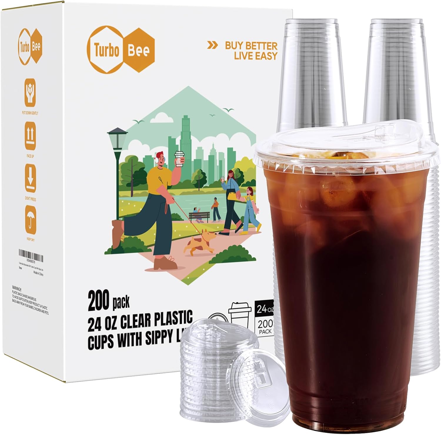 Turbo Bee 24 OZ Clear Plastic Cups with Strawless Sip Lids