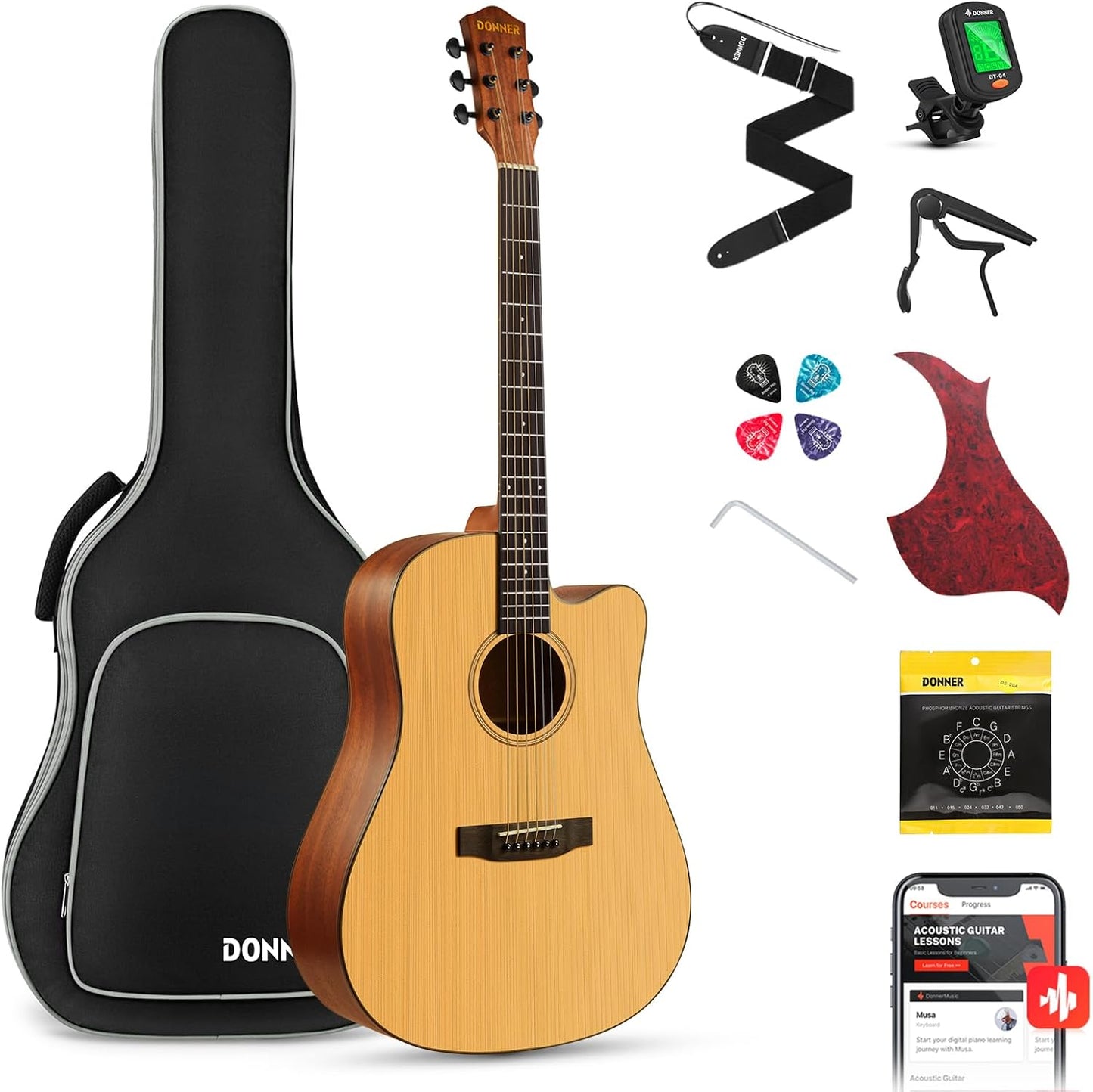 Donner 41 Acoustic Guitar Bundle: Learn Online, Cutaway Design