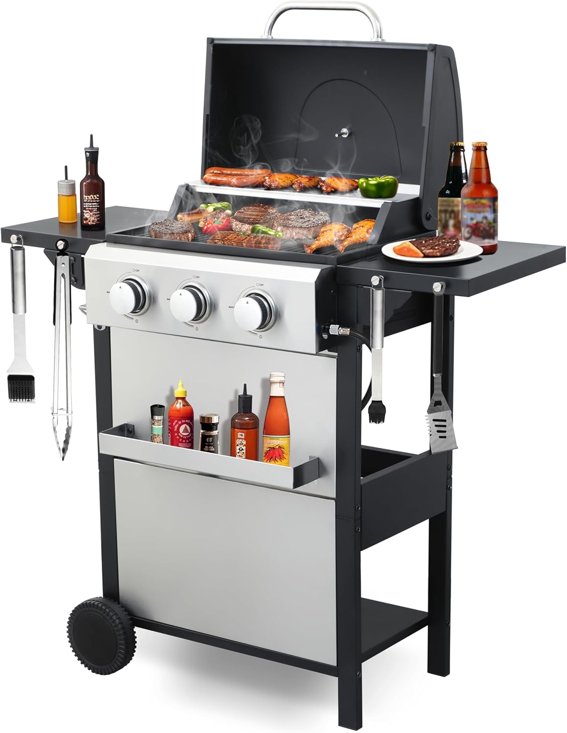 3-Burner Propane Gas Grill with Side Tables for Outdoor Cooking