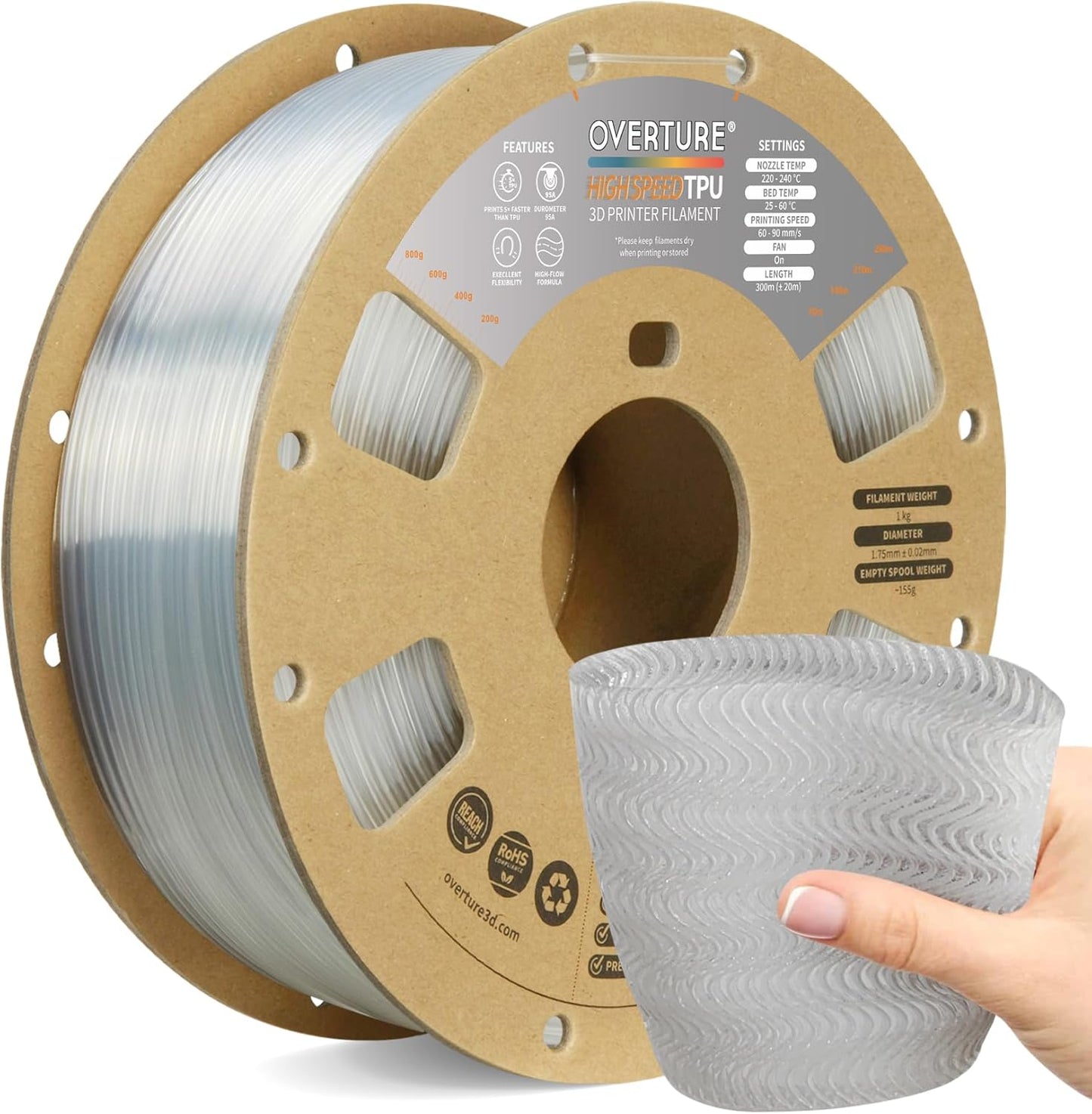 High Speed TPU Filament 1.75mm for 3D Printers - 1kg Roll