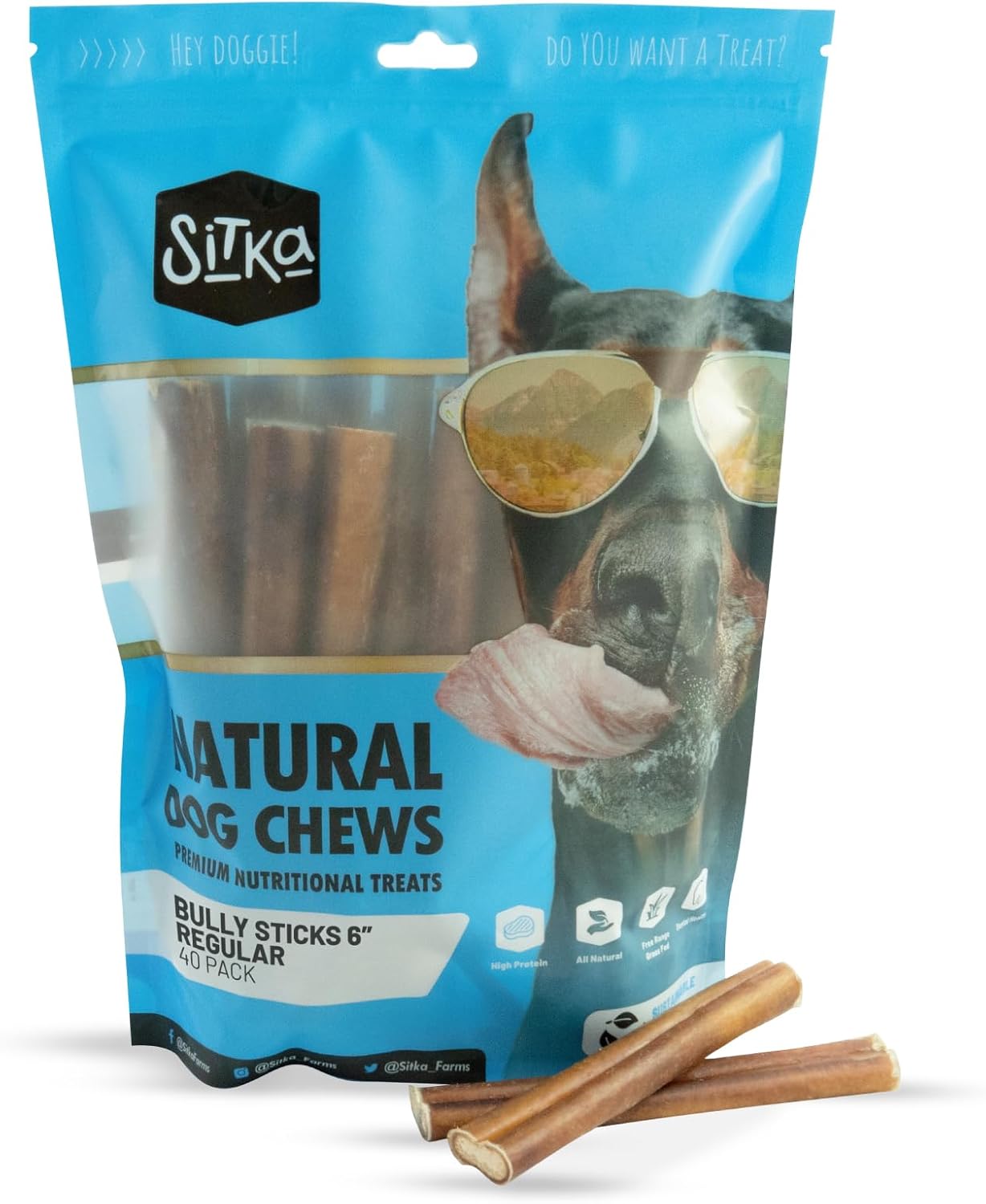 Sitka Farms Bully Sticks for Dogs - Natural Chews 6 Inch 40 Count