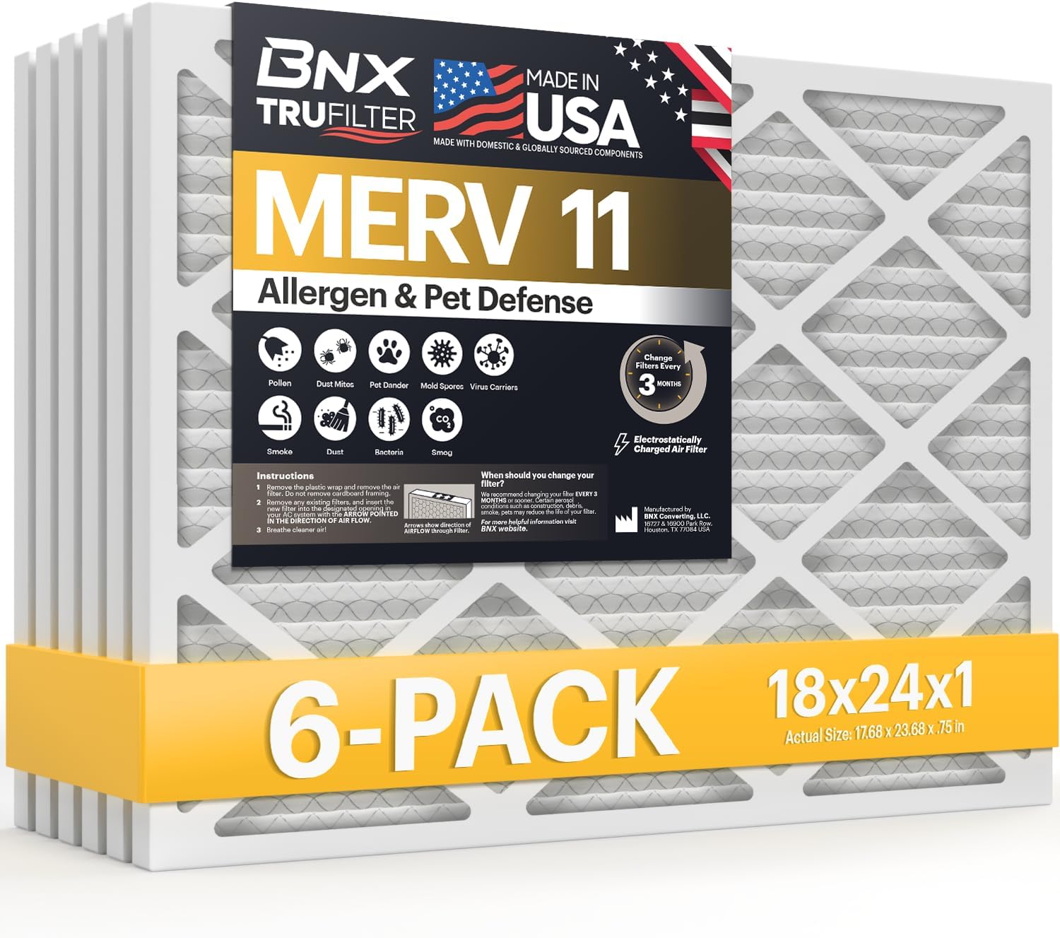 BNX TruFilter 18x24x1 Air Filter MERV 11 for Allergies and Dust