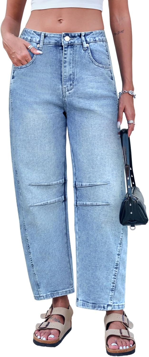 Mid Rise Barrel Jeans for Women - Stylish Wide Leg Denim