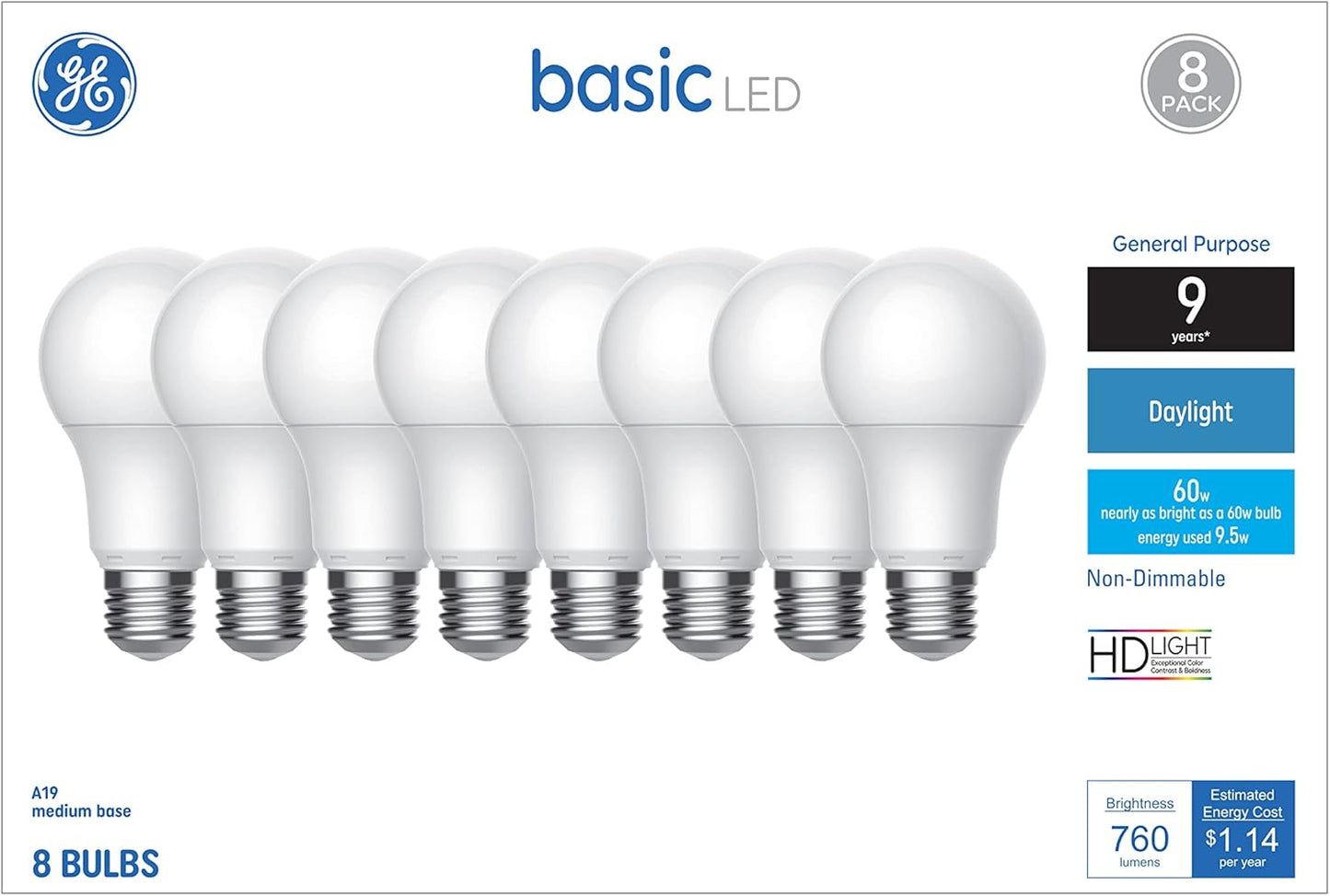 GE Basic Light Bulbs 60 Watt Daylight A19 8 Pack for Bright Spaces