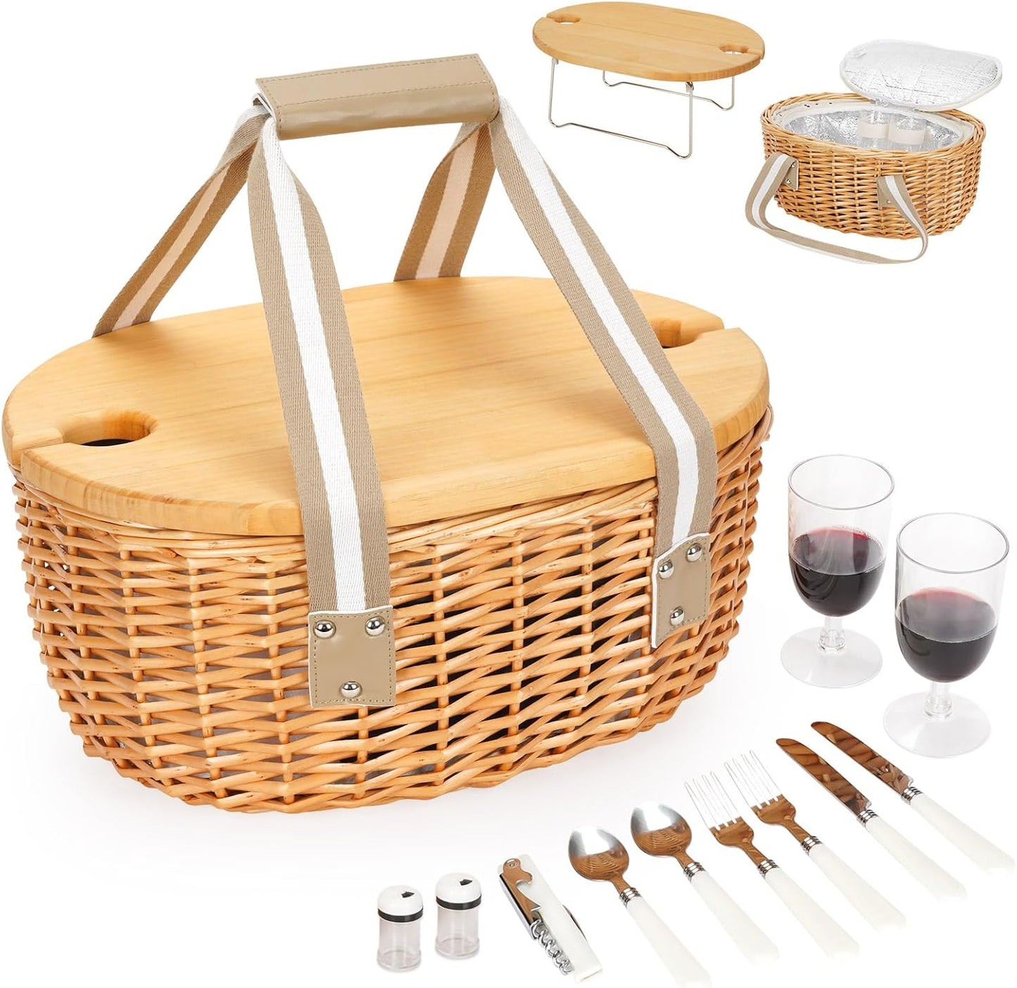 Handmade Wicker Picnic Basket Set with Insulated Cooler Bag