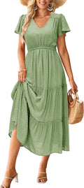 Women's Boho Maxi Dress V Neck Ruffle Sleeve - Flowy Summer