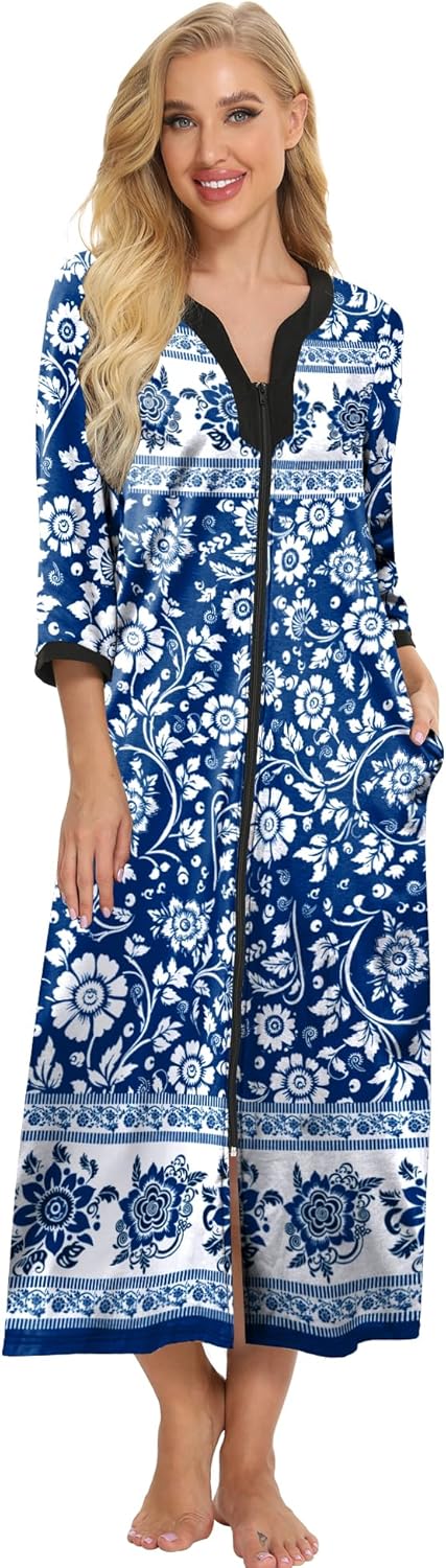 Bloggerlove House Dresses for Women Zip Up Robes Soft Cotton