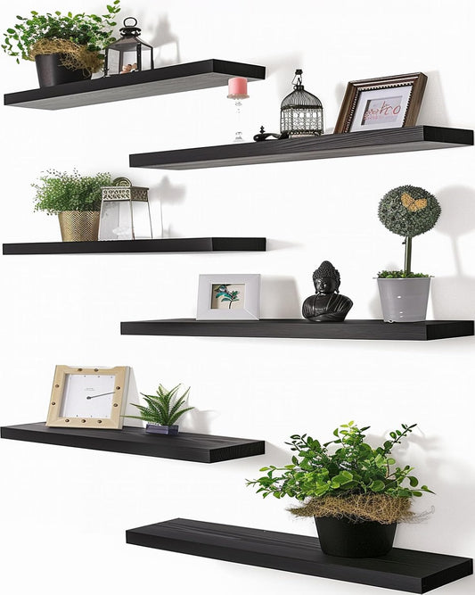 PHPH 24 Inch Wood Floating Shelves for Wall - Set of 6 Black