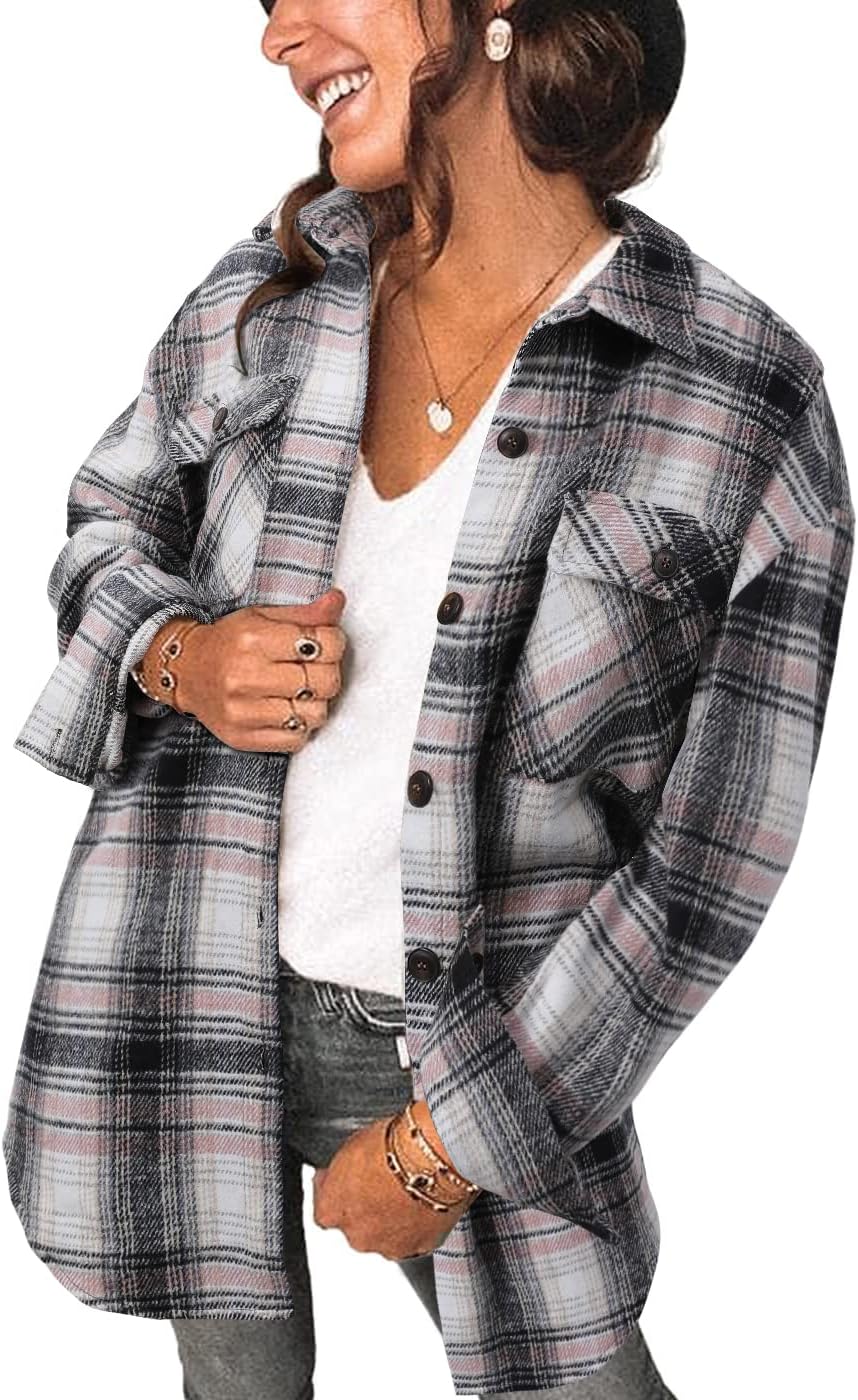 Women's Brushed Plaid Shirts Long Sleeve Flannel Shacket Jacket