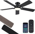 52 Inch Black Flush Mount Ceiling Fan with LED Light - Low Profile