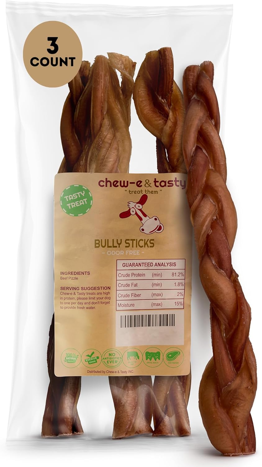 12in Jumbo Braided Bully Sticks for Dogs - Odor Free Treats